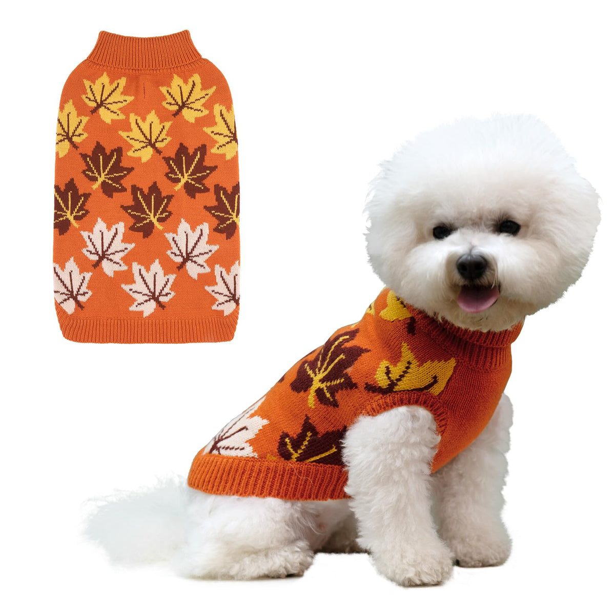 KOOLTAIL dog sweater shown from the front in orange with an autumn maple-leaf pattern.
