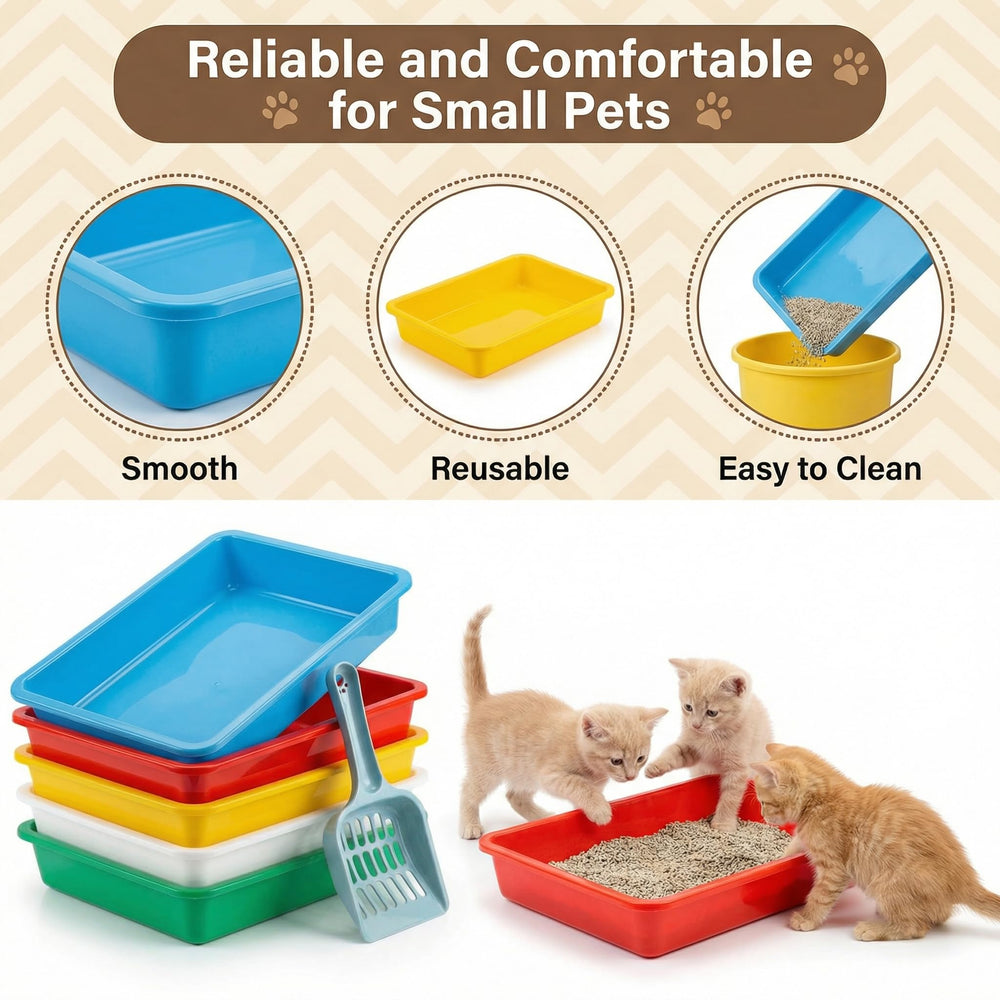 Koparion kitten litter boxes shown in blue, pink, yellow, green, and white.