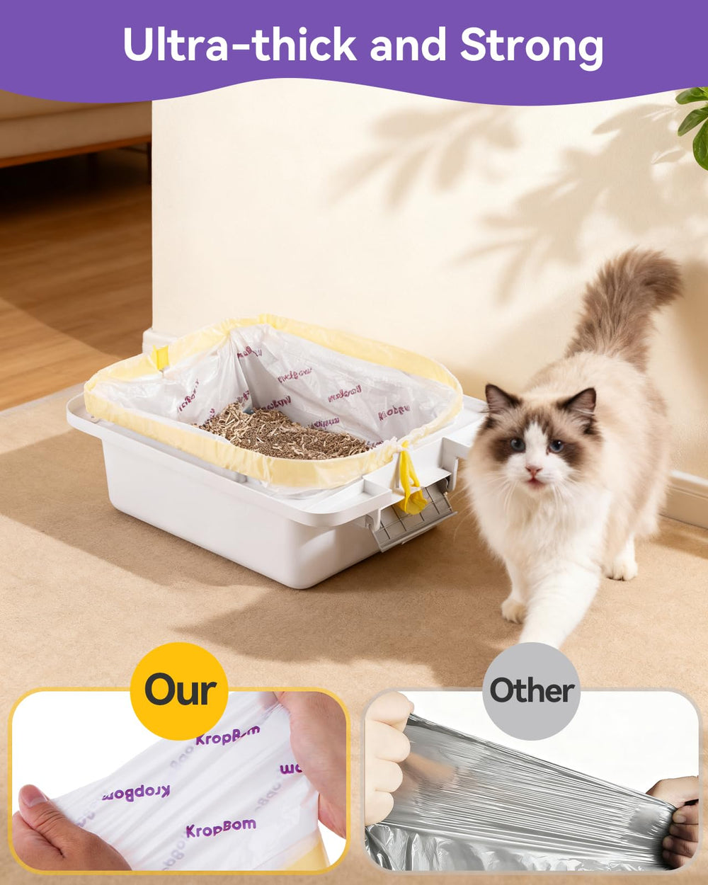 KropBom Cat Litter Box Bags capacity guide showing the 9–10-gallon capacity.
