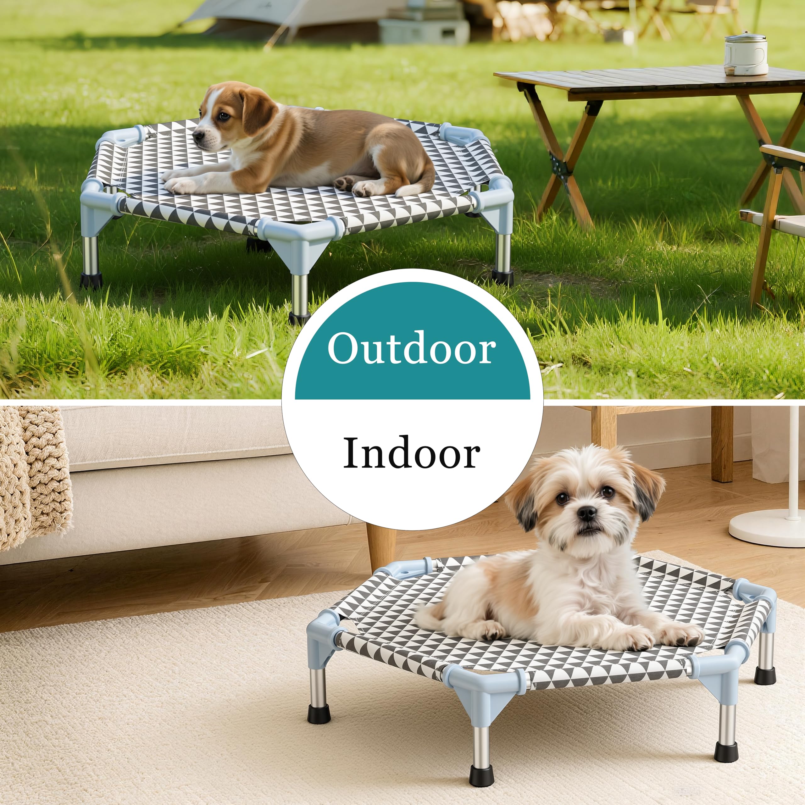 Kuntrust Elevated Outdoor Dog Bed with its cotton fabric shown close up.