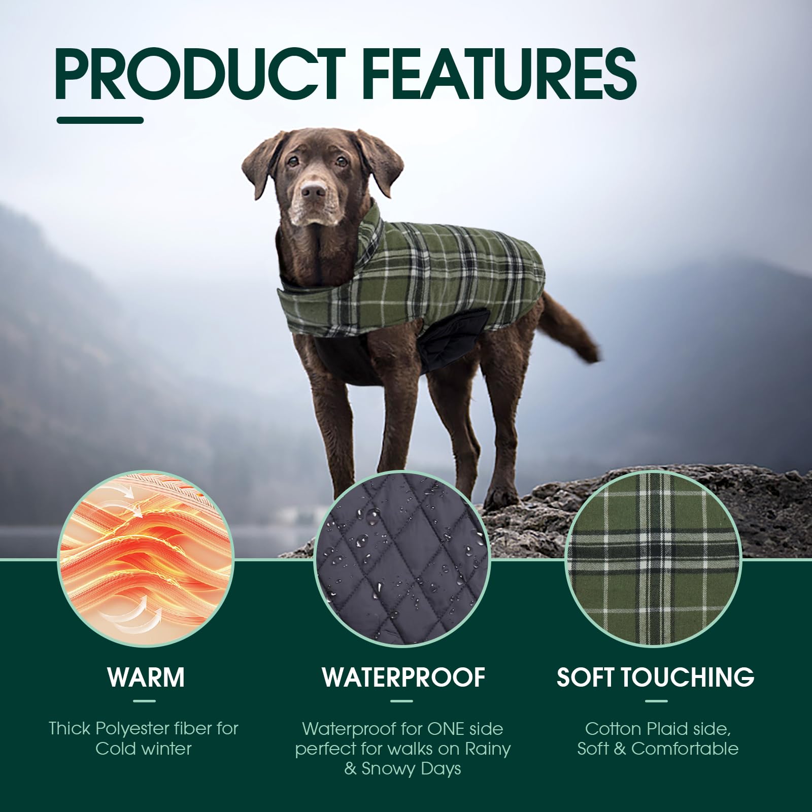 Kuoser dog coat showing its solid-colored waterproof side.
