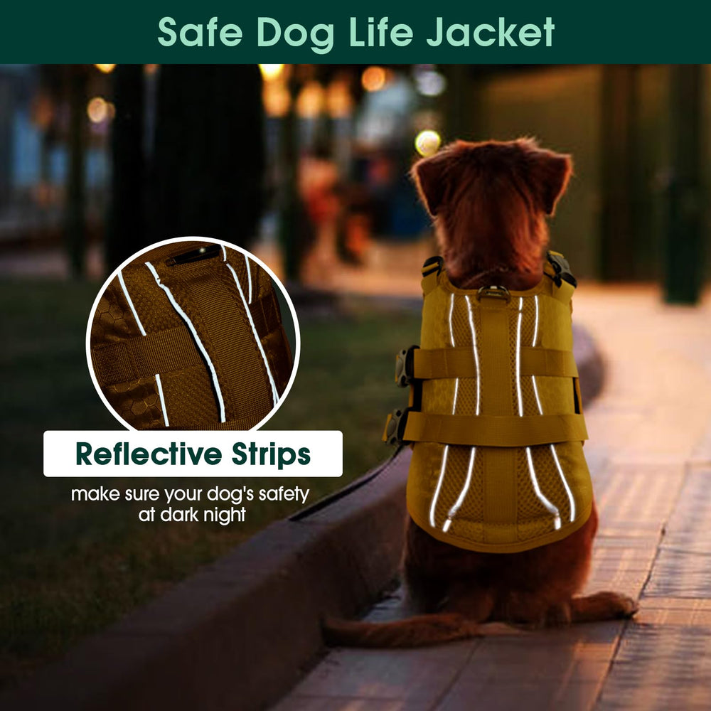 Kuoser dog life jacket showing its adjustable neck and belly straps.