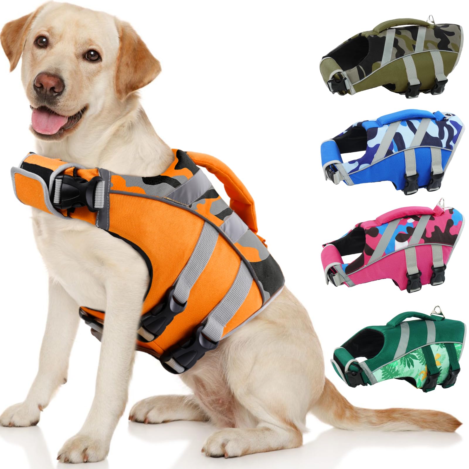 Kuoser Dog Life Jacket shown from the front in orange camo.