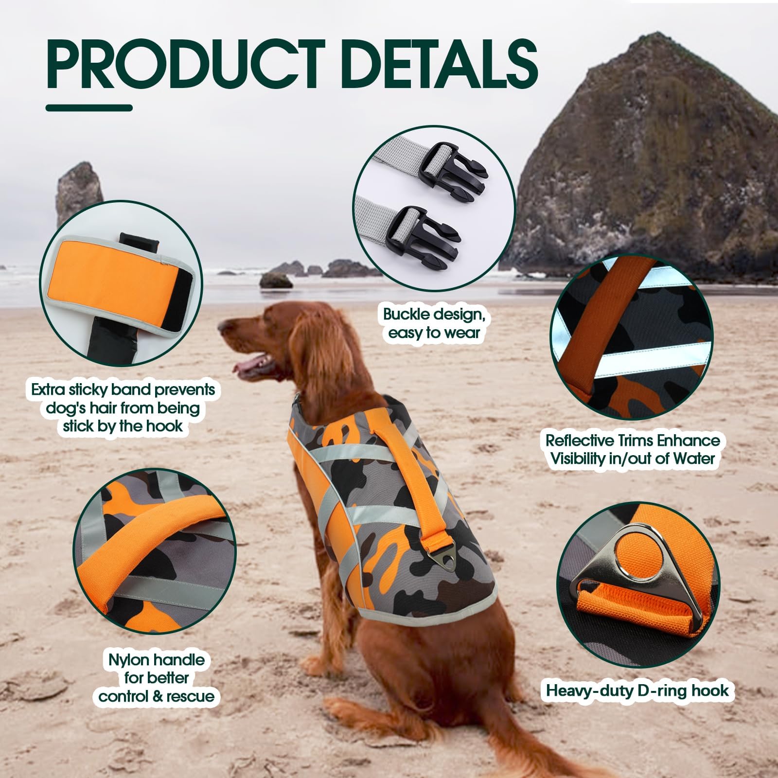 Kuoser Dog Life Jacket detail showing the top rescue handle and D-ring.