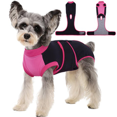 Kuoser dog recovery suit shown from the front in black.