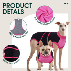 Kuoser dog recovery suit shown from the side on a dog.