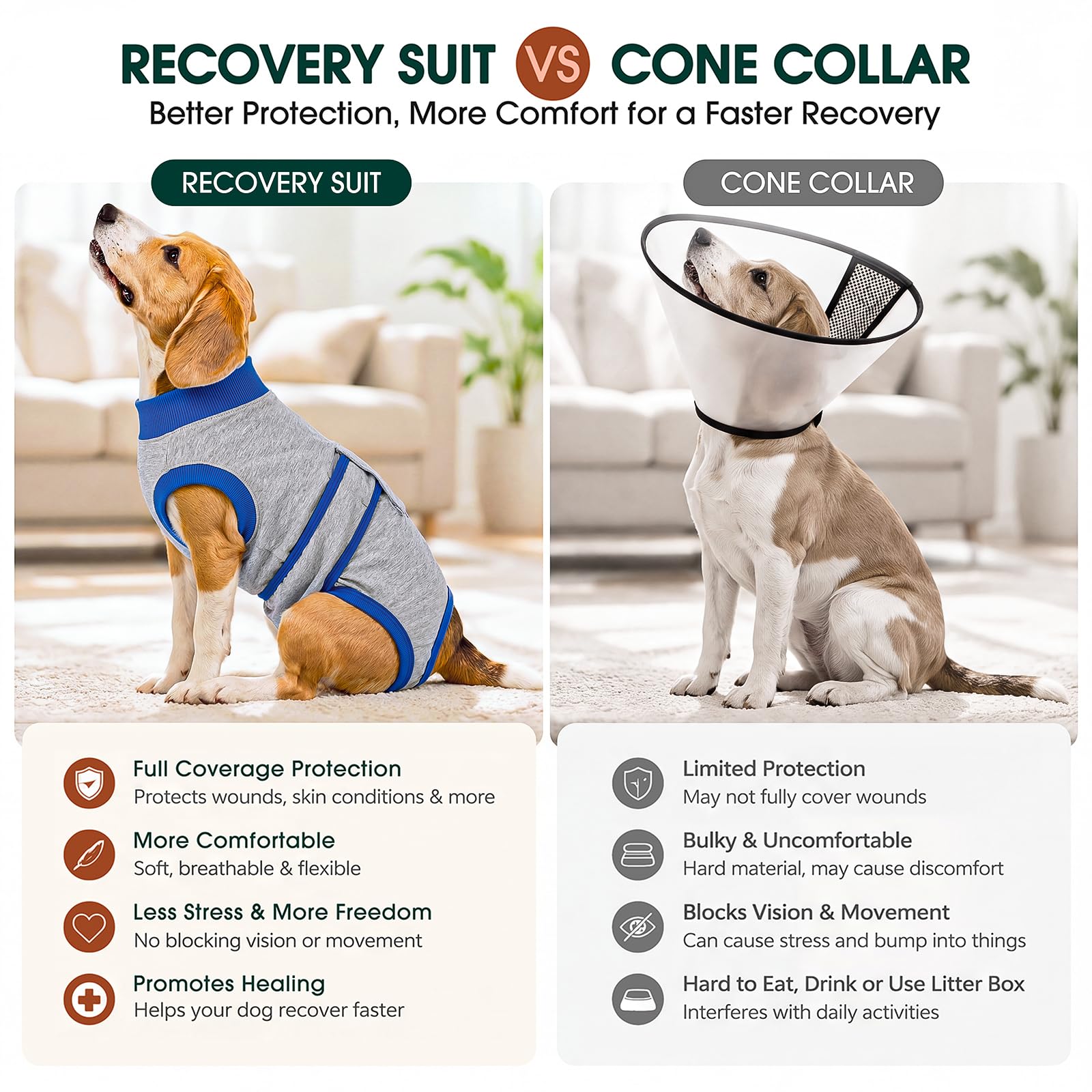 Kuoser Recovery Suit belly opening shown for easier access during potty breaks.