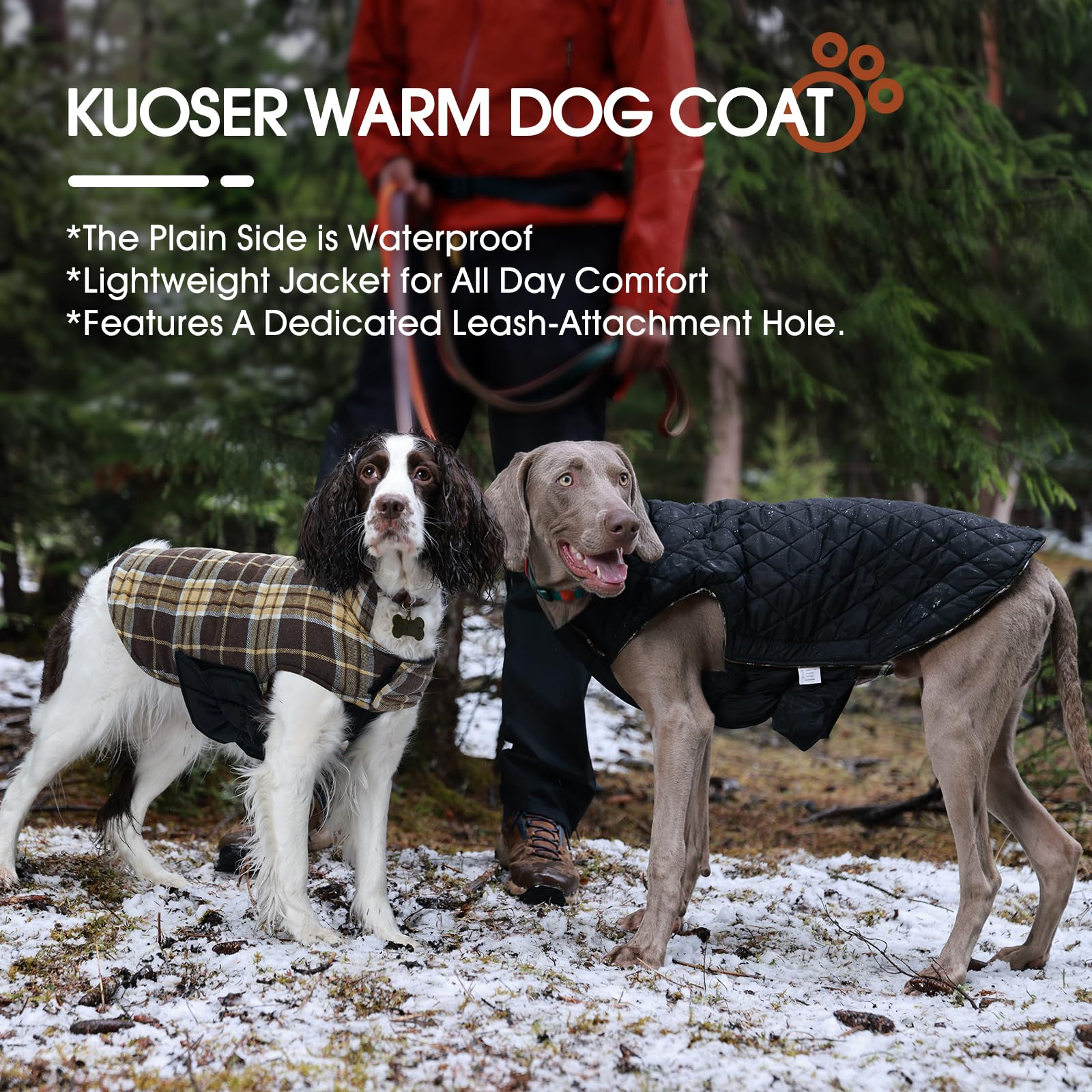 Kuoser waterproof dog coat detail showing the neck and belly magic-sticker closures.