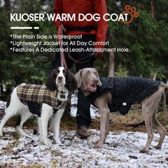Kuoser waterproof dog coat detail showing the neck and belly magic-sticker closures.