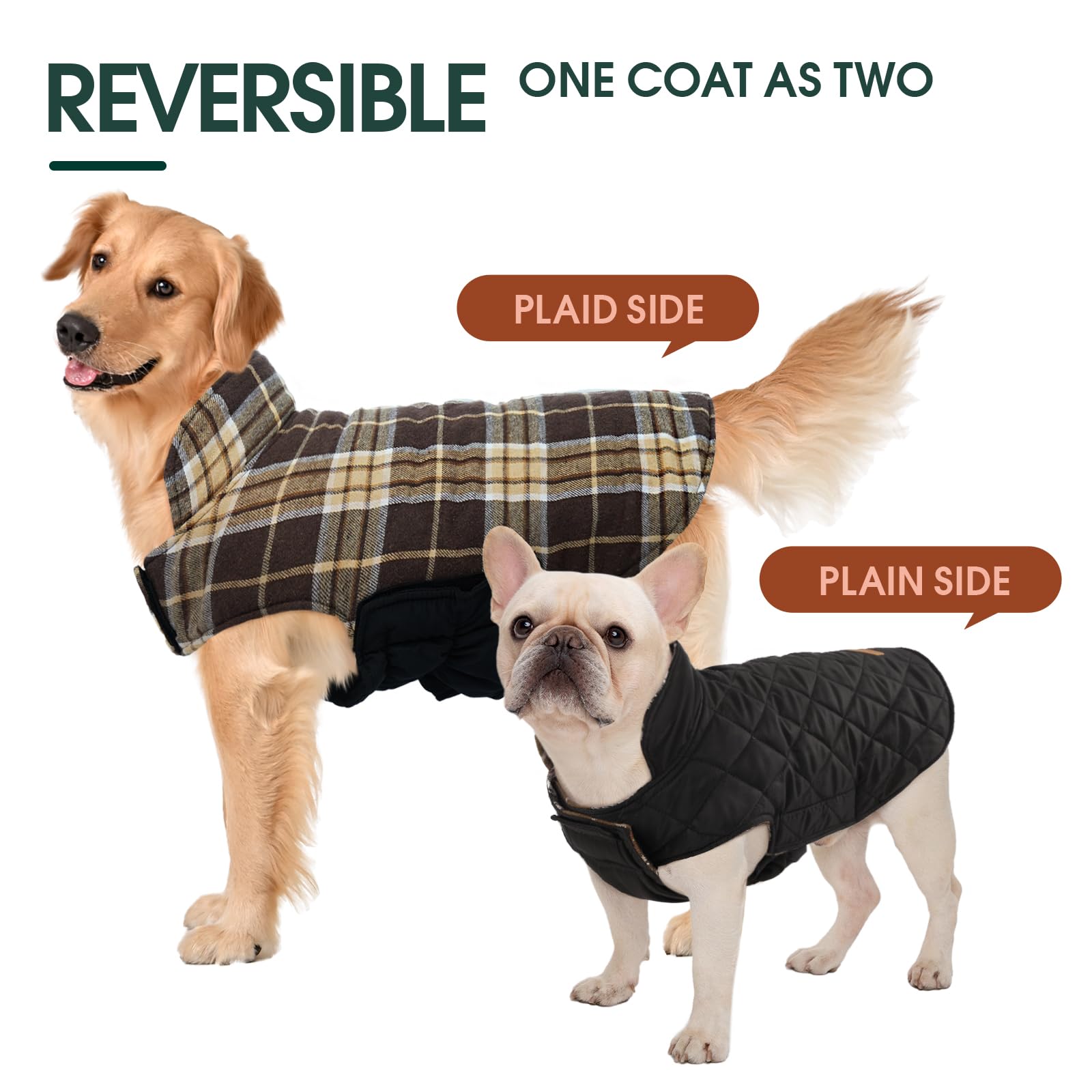 Kuoser waterproof dog coat shown in its vintage British-style plaid color options.
