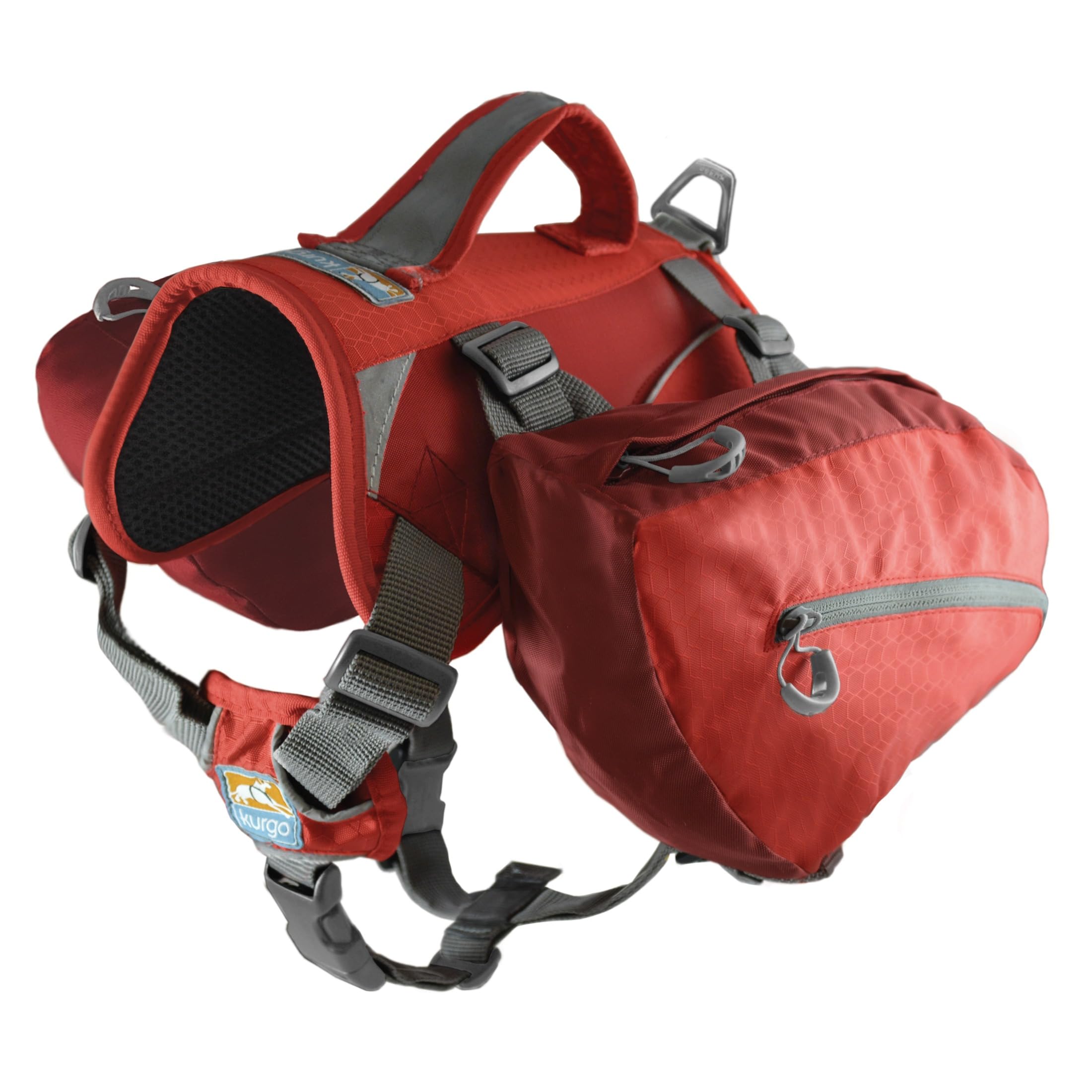 Kurgo Baxter Dog Backpack Harness shown from the front in Chili/Barn Red.