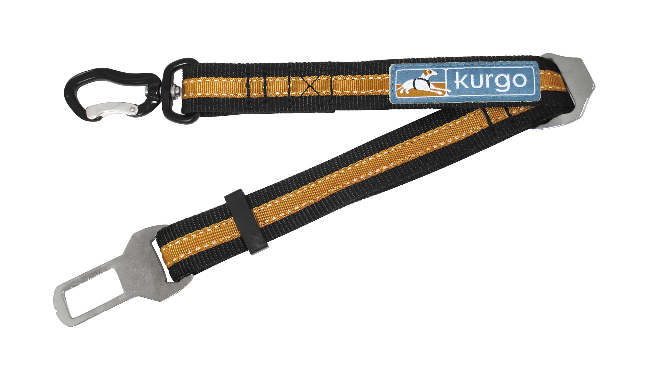 Kurgo seatbelt swivel tether shown in orange from the front.