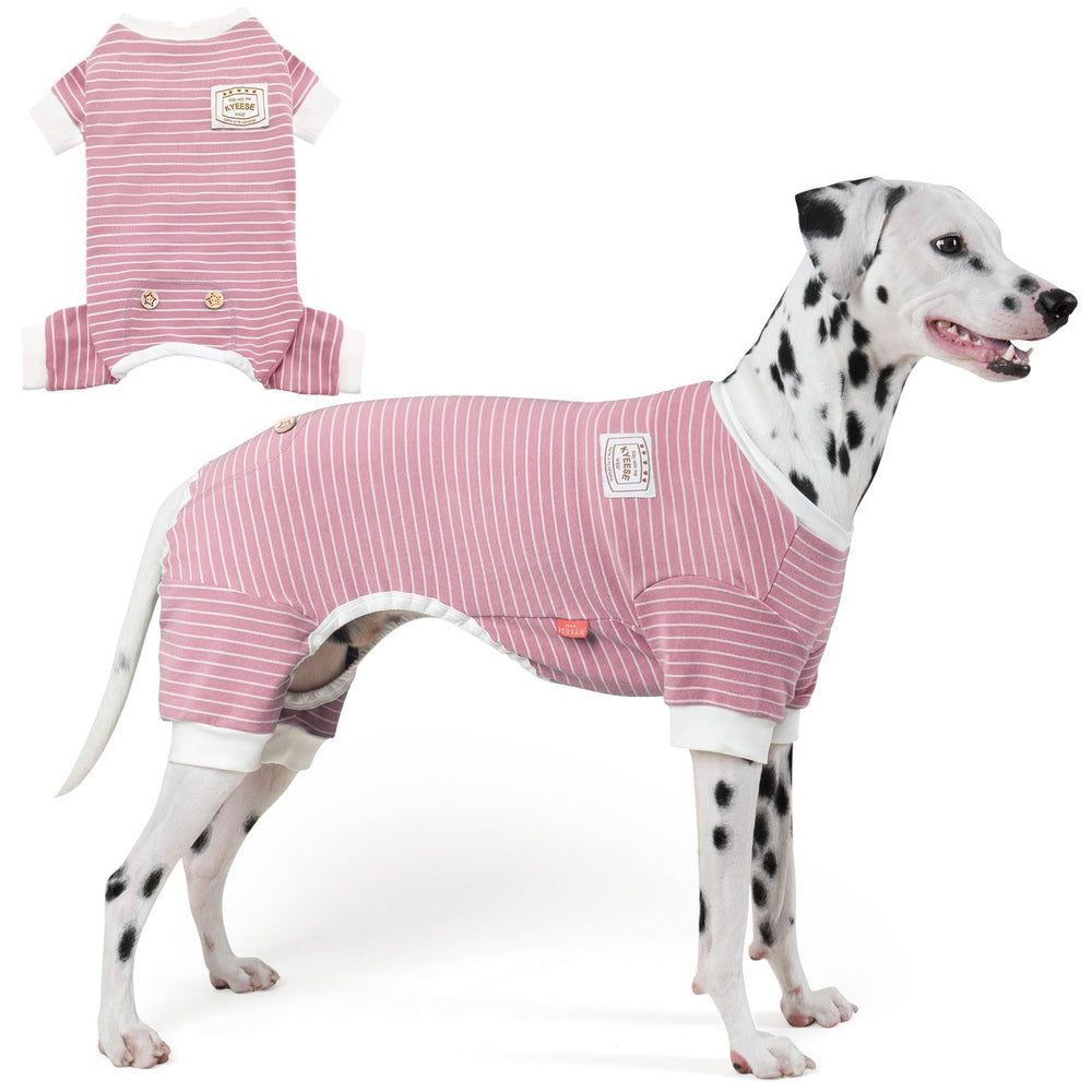 KYEESE dog pajamas shown from the front with their striped design.