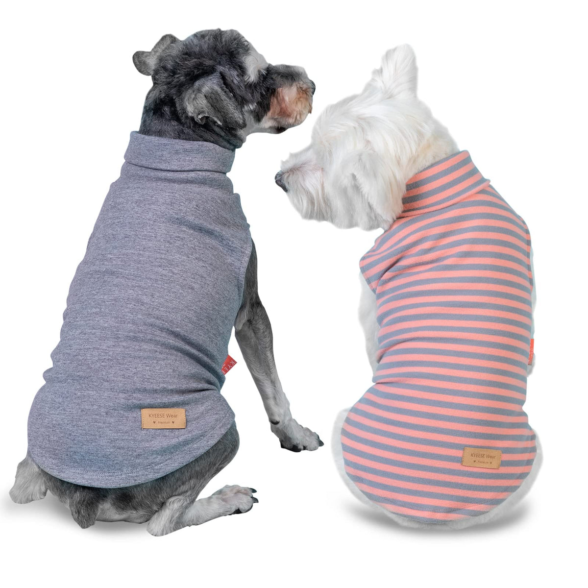 KYEESE dog sweater set showing the solid and stripe coat styles.