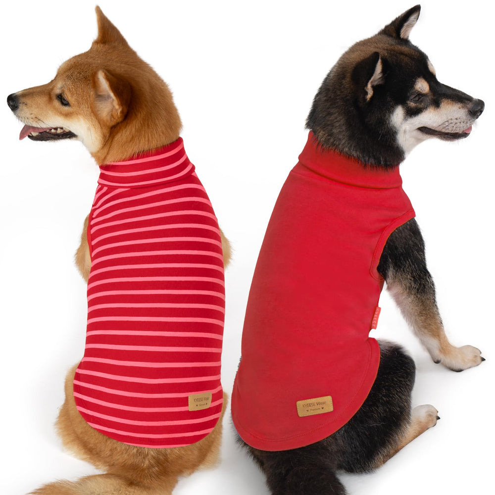 KYEESE two-pack dog coats shown from the front in solid and stripe styles.