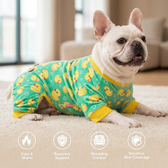 KYEESE velvet dog pajamas with a close view of the yellow duck print.