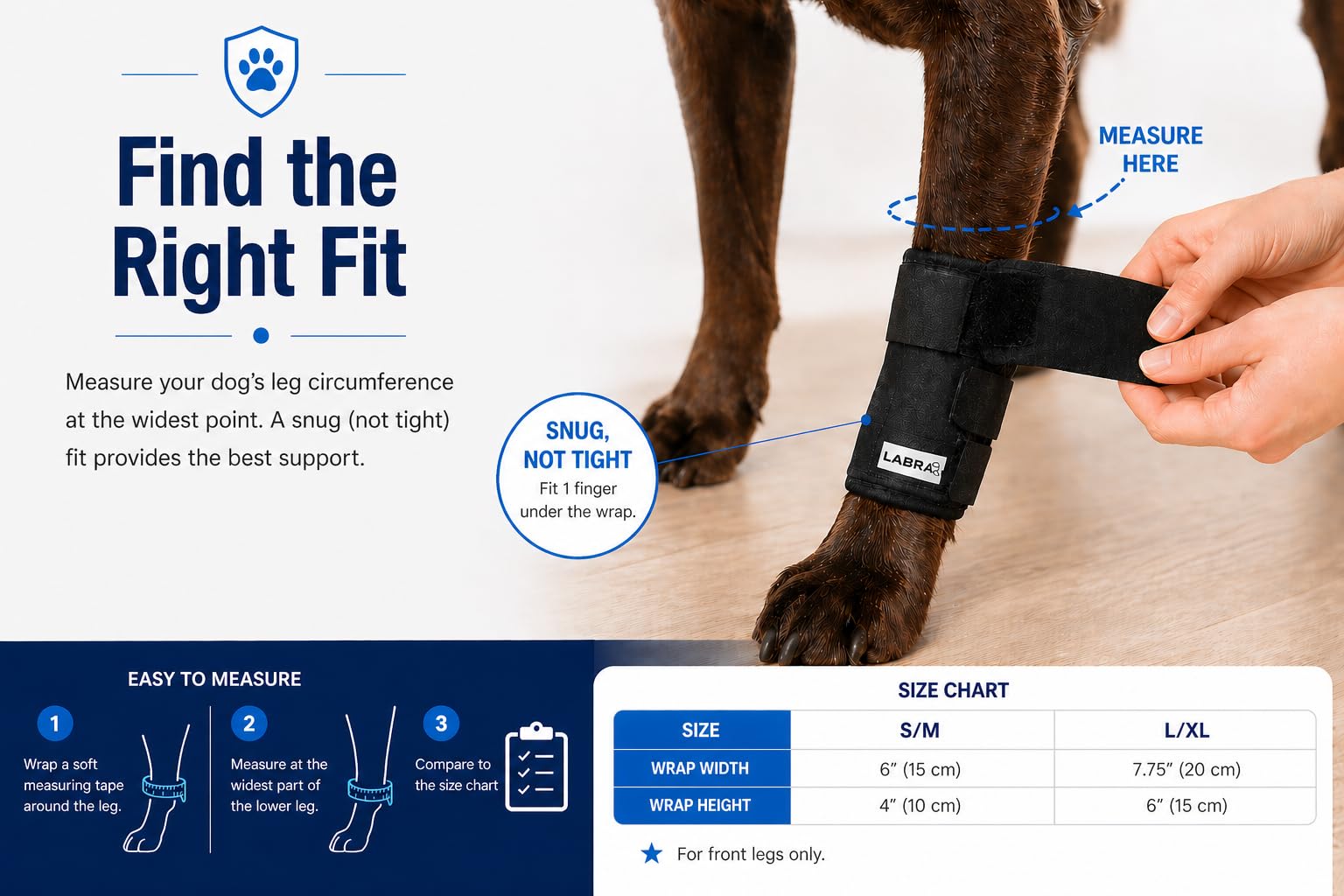 Labra Dog Front Leg Brace shown being worn on a dog's front leg.