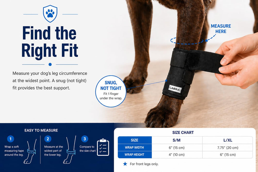 Labra Dog Front Leg Brace shown being worn on a dog's front leg.