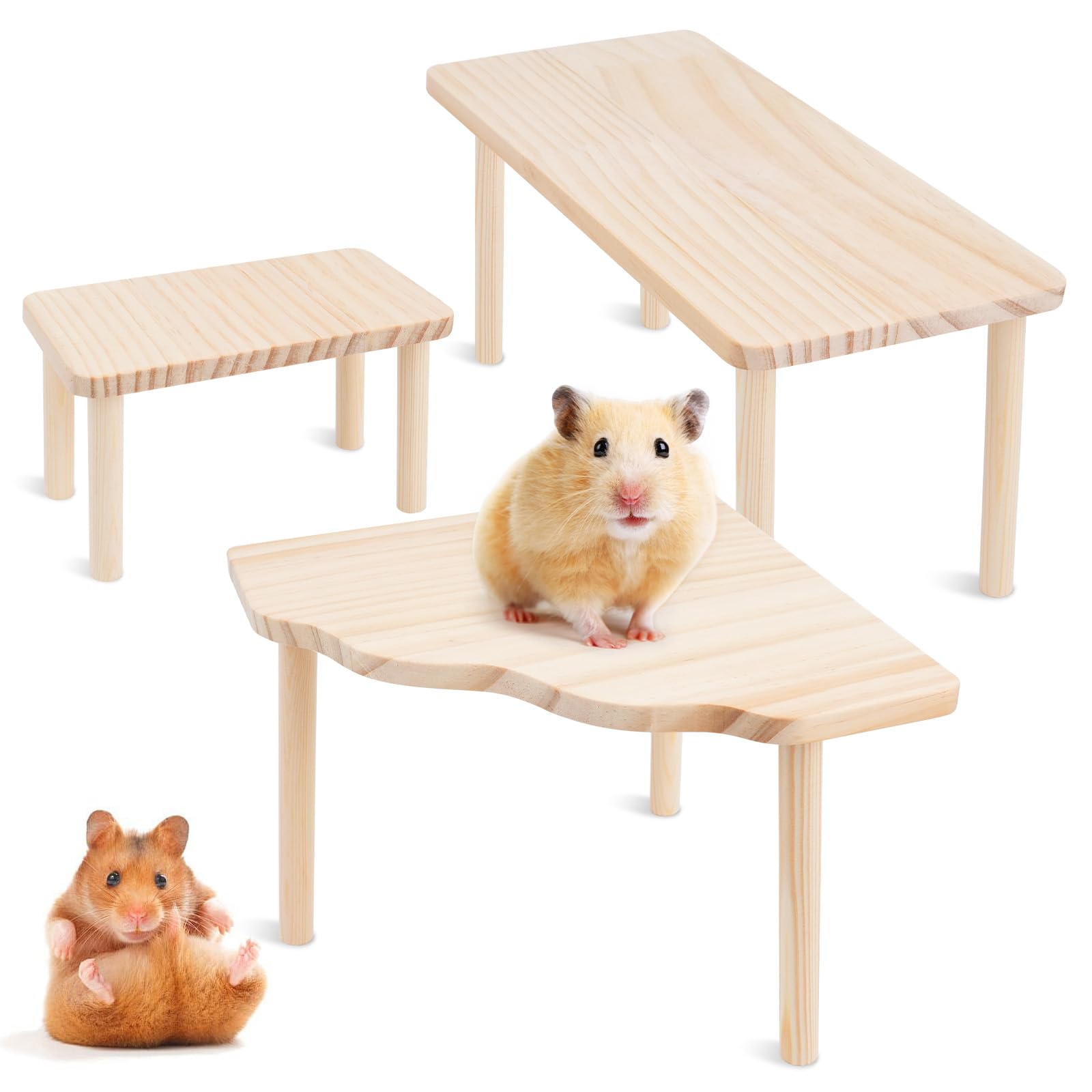 Lainballow hamster platform three-piece set showing the fan-shaped and rectangular wooden pieces.