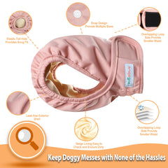 Langsprit female dog diaper rear snaps shown for fit adjustment.