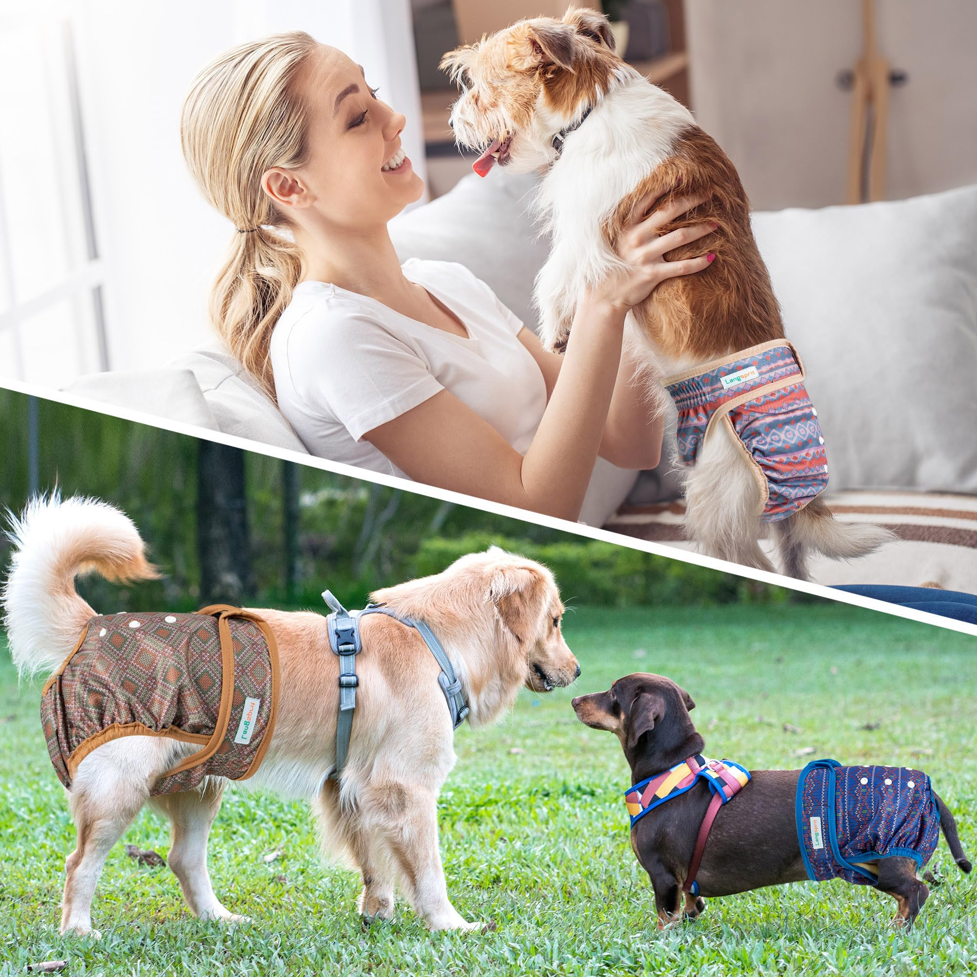 Langsprit female dog diaper shown worn around a dog's waist and tail.