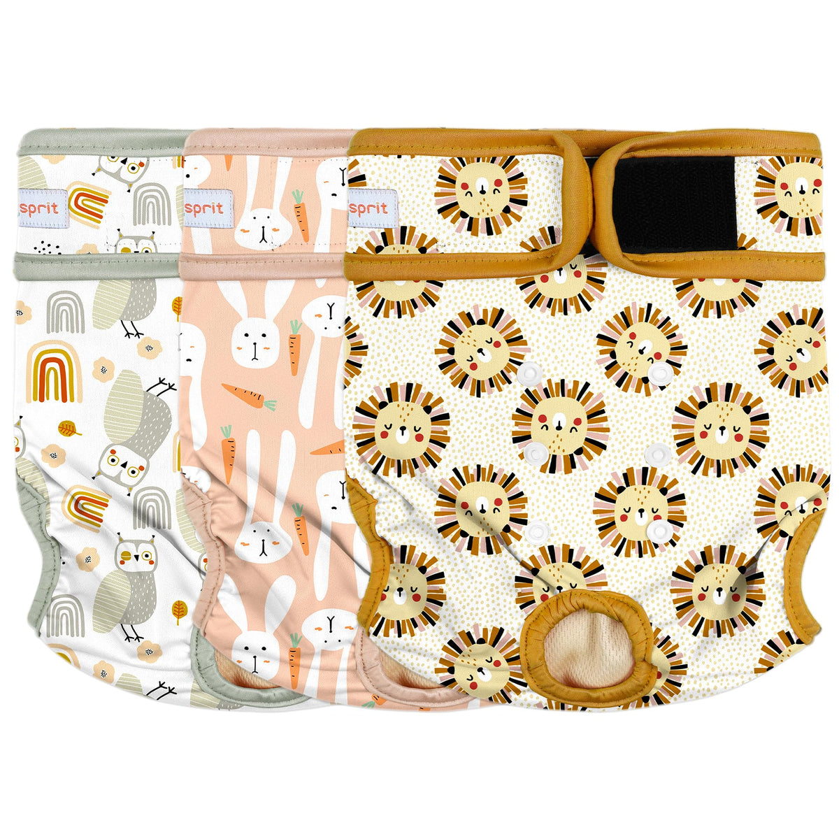 Langsprit female dog diapers shown from the front with their printed designs.