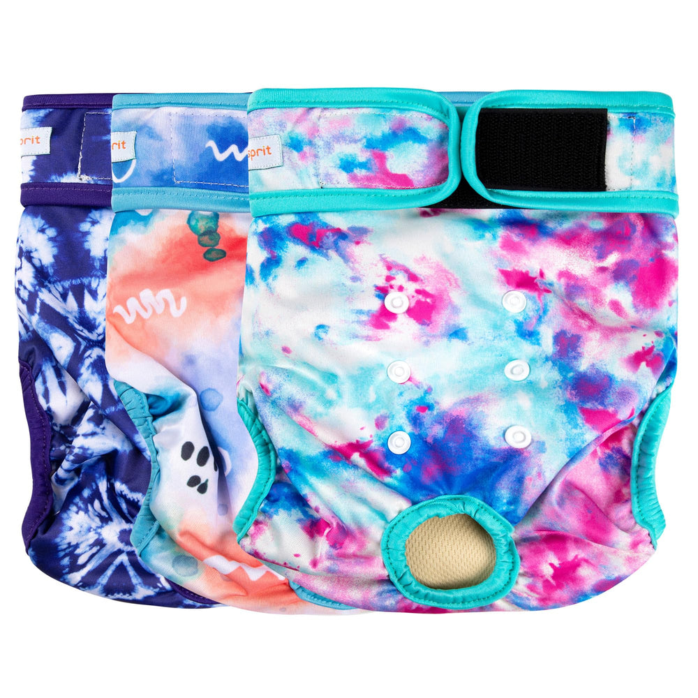 Langsprit female dog diapers shown from the front with their colourful outer fabric.