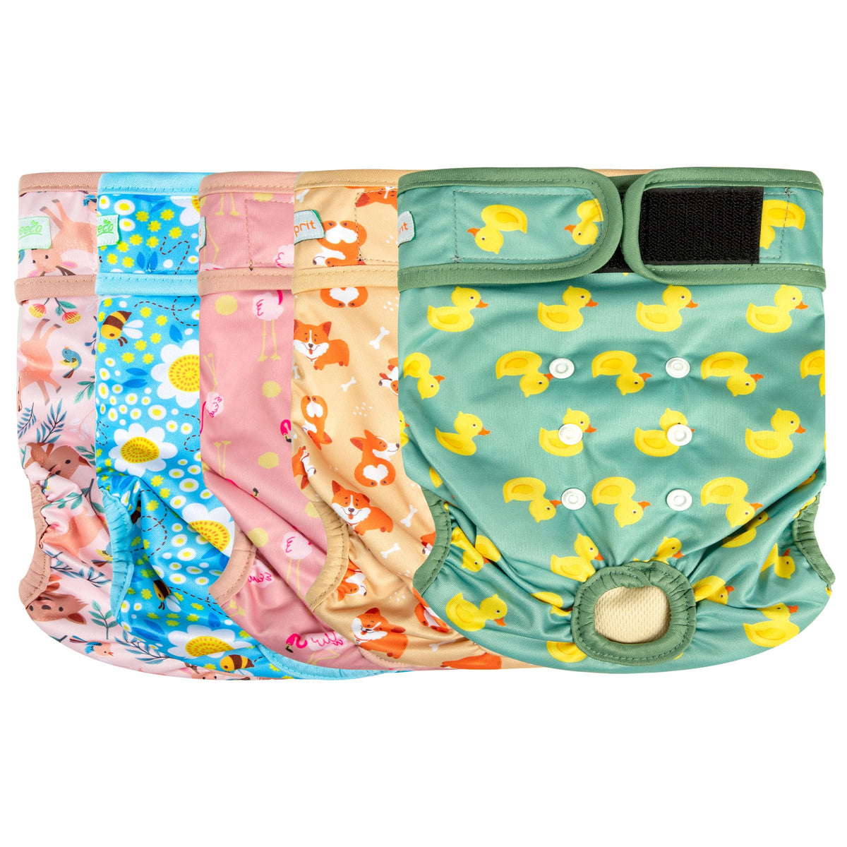 Langsprit female dog diapers shown from the front in the duck design.