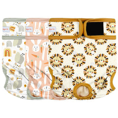 Langsprit female dog diapers shown from the front with their printed design.