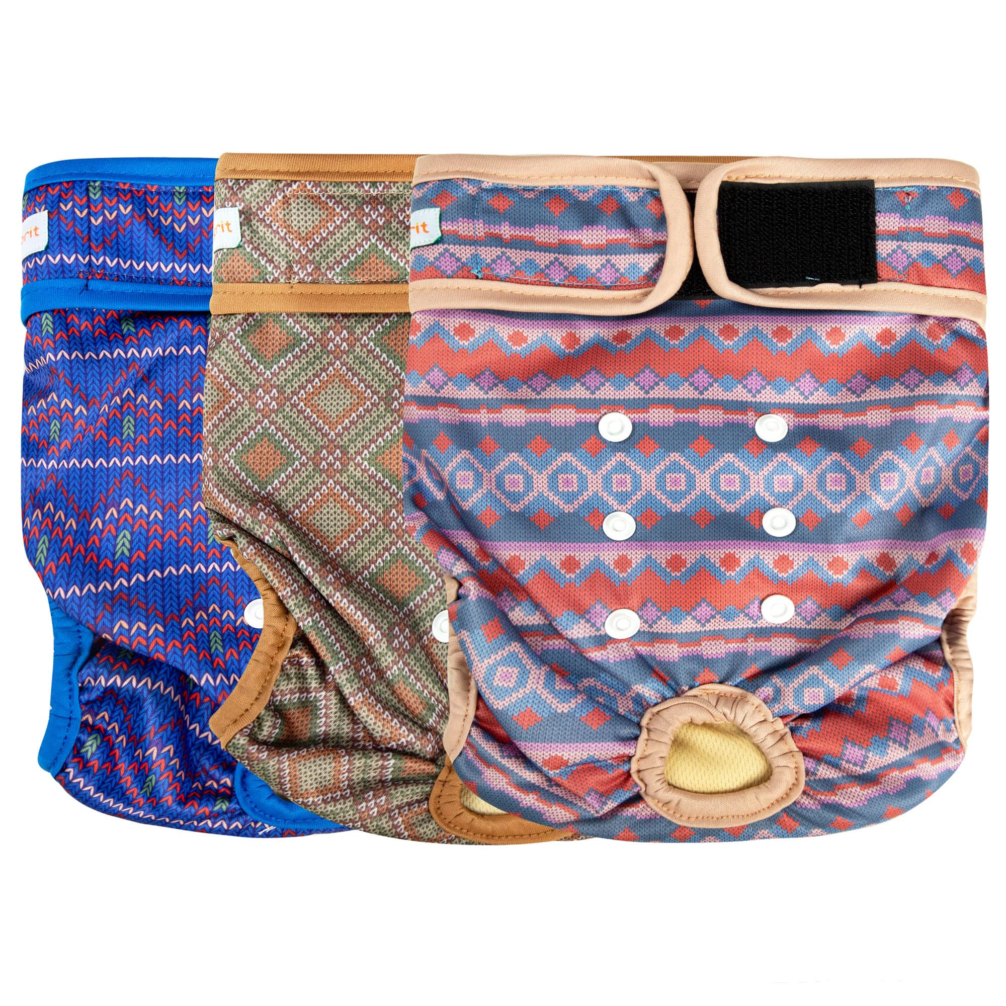 Langsprit female dog diapers shown from the front in the plaid-1 pattern.