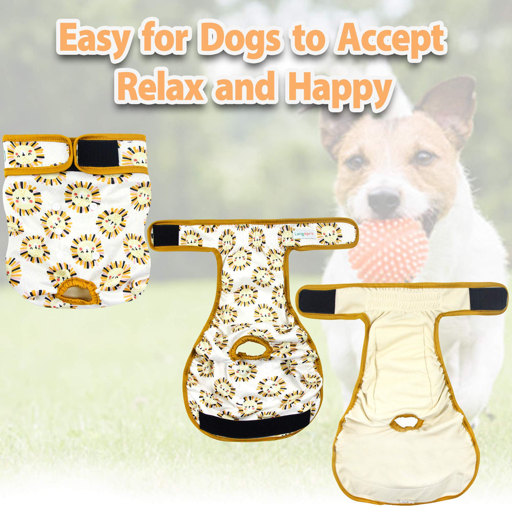 Langsprit female dog diapers shown as a three-pack with Rabbit, Owl, and Lion designs.