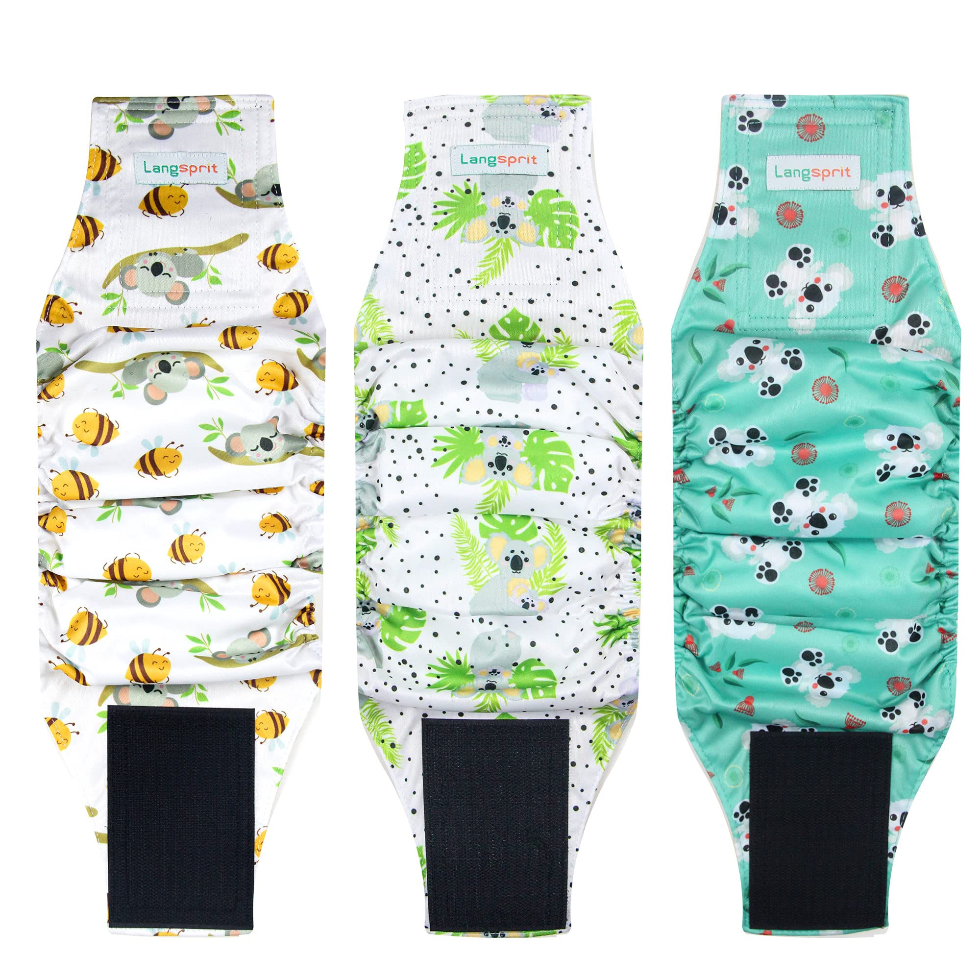 Langsprit male belly bands shown from the front in the Koala pattern.