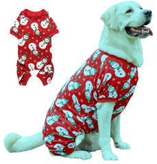 Lanyarco dog Christmas pajamas shown from the front in red with a snowman print.