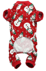Lanyarco dog Christmas pajamas showing the snowman and snowflake print in close-up.