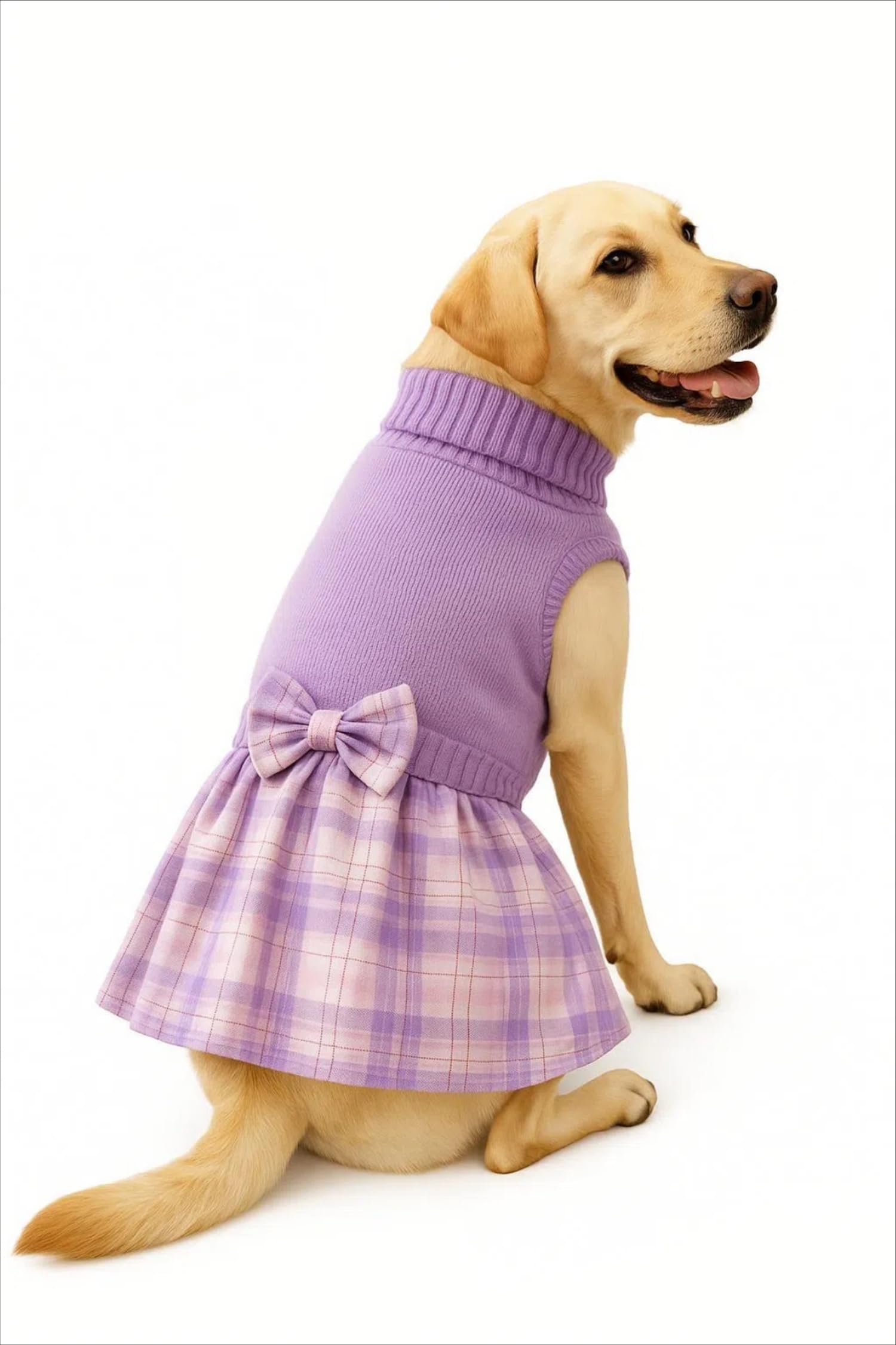 Lanyarco dog sweater dress close-up highlighting the attached bow tie.