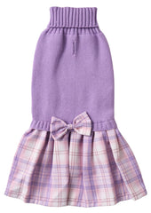Lanyarco dog sweater dress shown from the front with its purple top and plaid skirt.