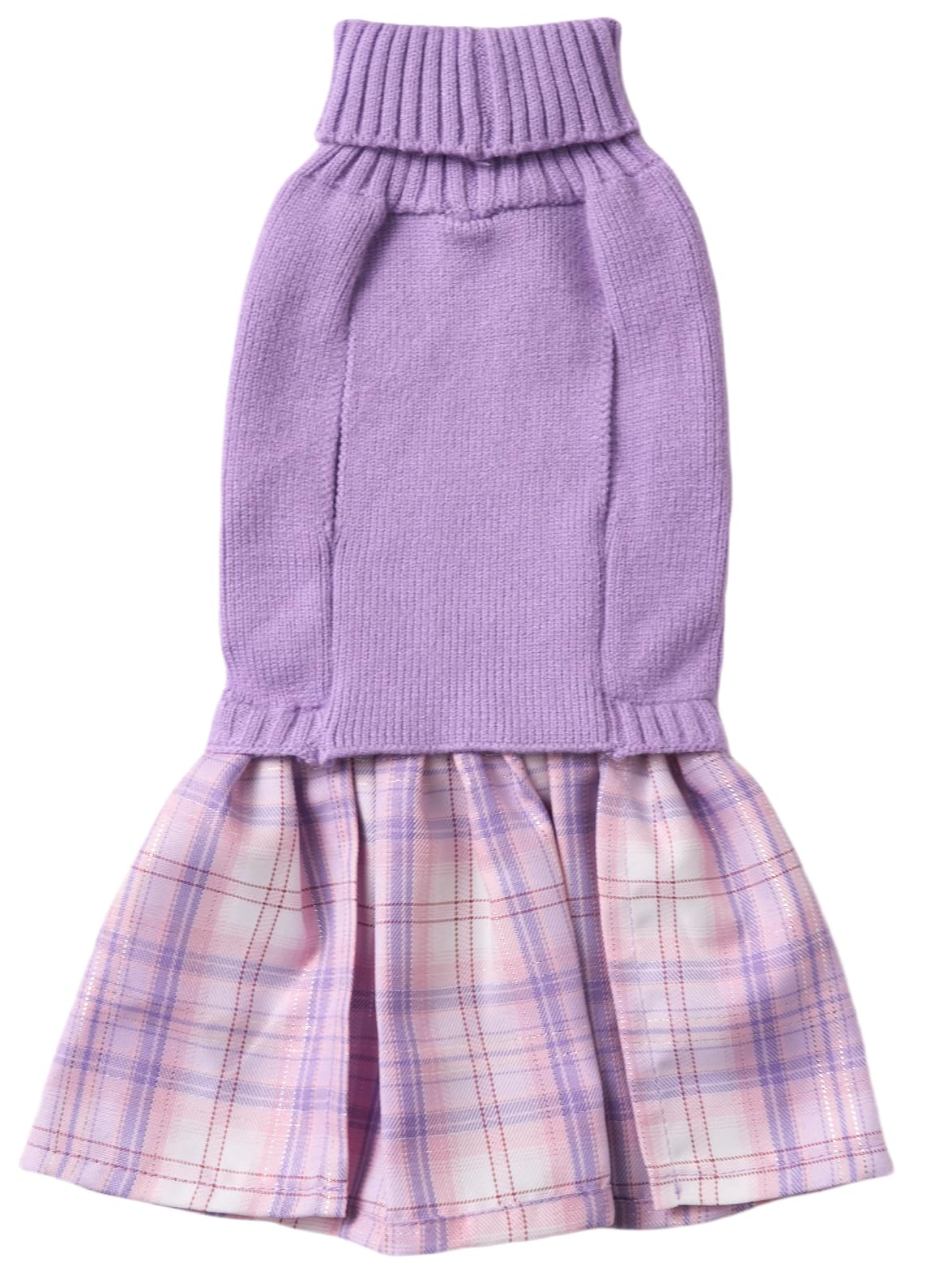 Lanyarco dog sweater dress close-up showing the purple and pink plaid skirt.