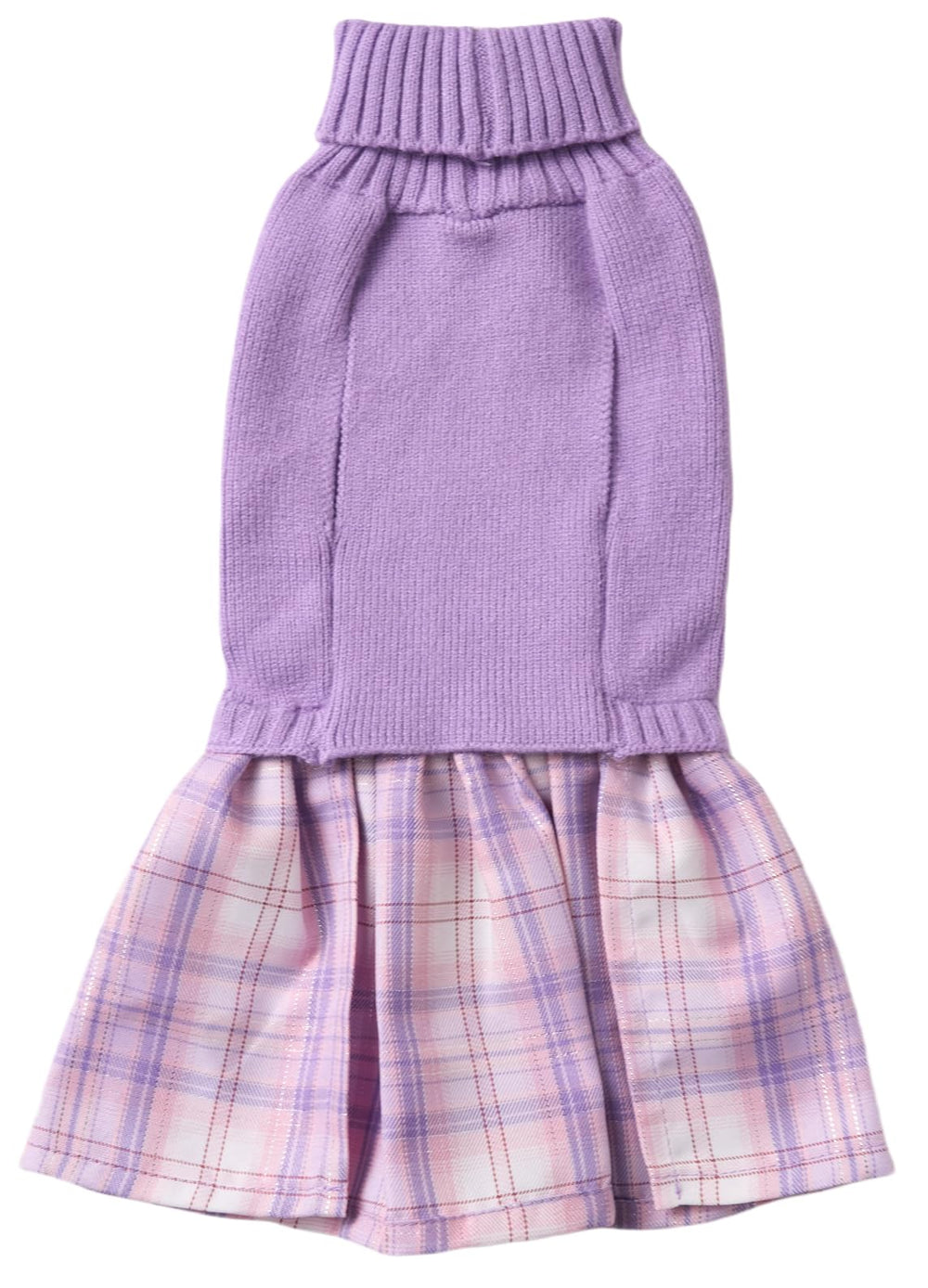 Lanyarco dog sweater dress close-up showing the purple and pink plaid skirt.