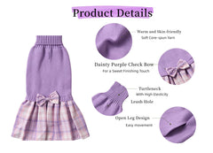 Lanyarco dog sweater dress detail showing its purple turtleneck sweater top.
