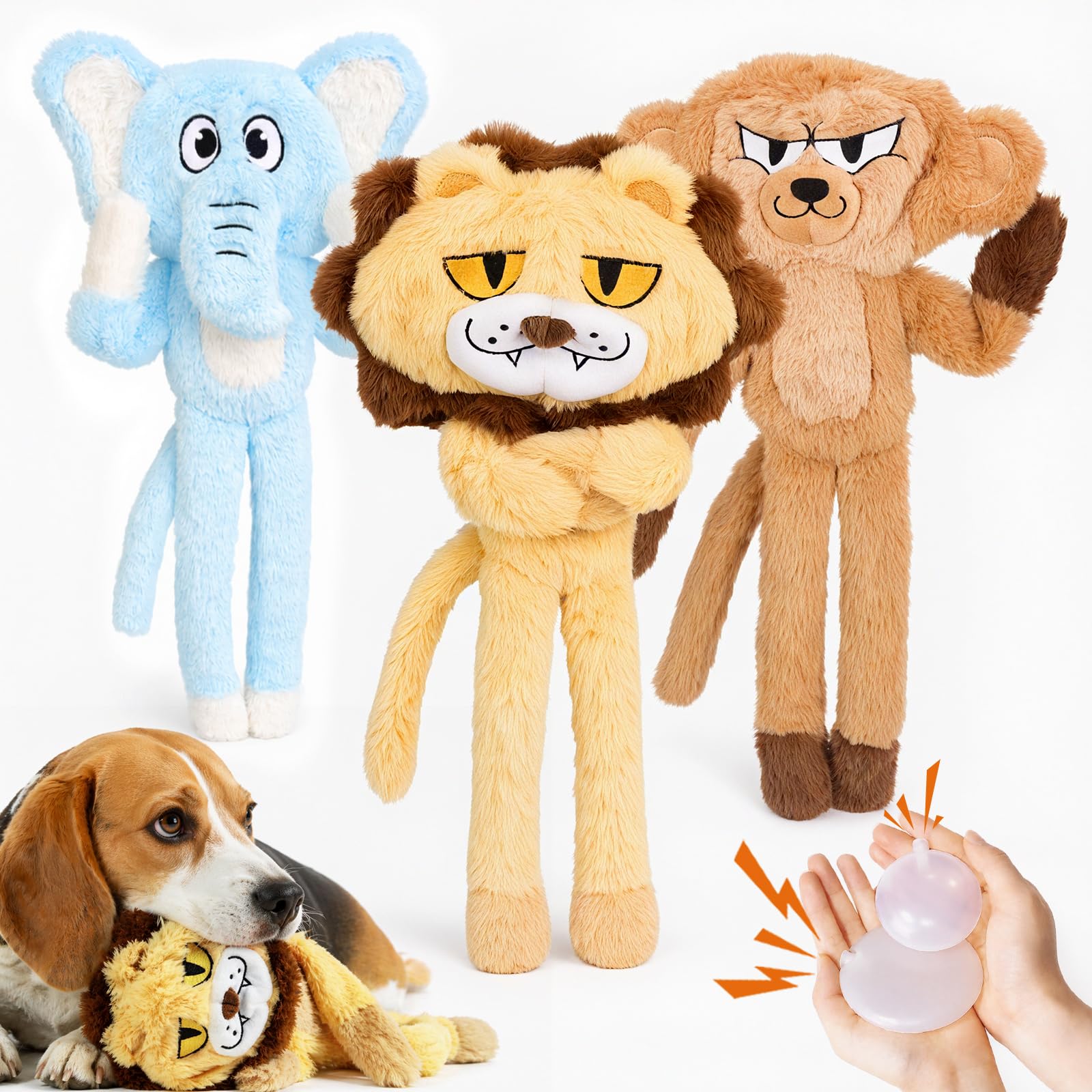 LAONOPS No Stuffing Dog Squeaky Toys shown as a three-animal set.