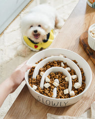 LE TAUCI PET slow feeder dog bowl being used by a dog at mealtime.