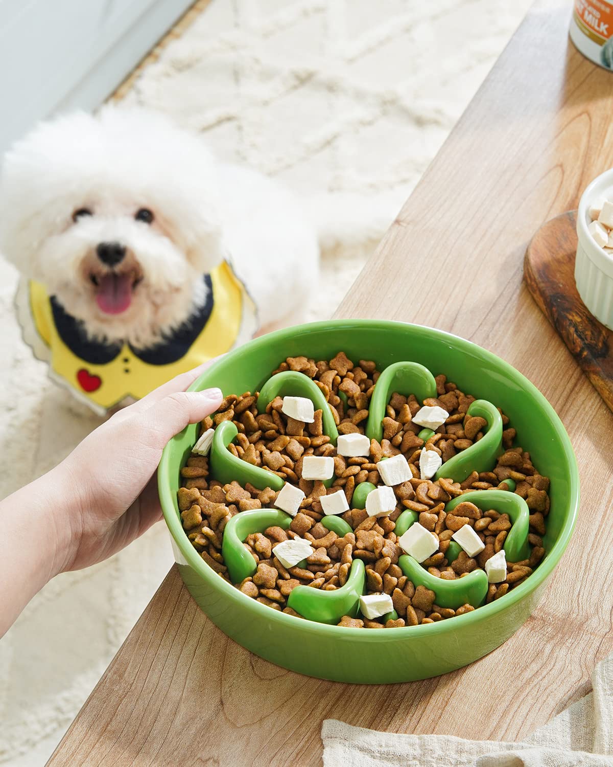 LE TAUCI ceramic slow feeder dog bowl showing its ridged maze pattern.