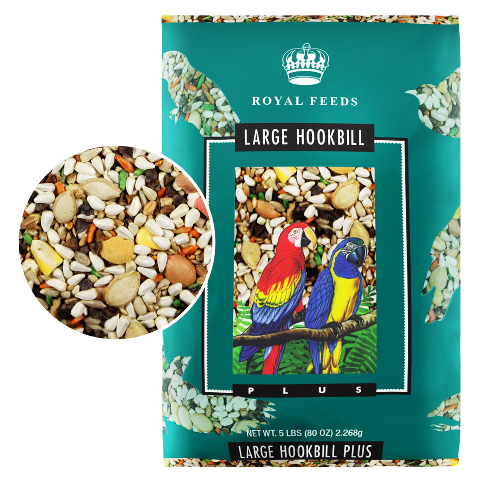 LEACH GRAIN & MILLING CO. Large Hookbill Plus parrot food shown from the front of its package.