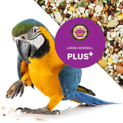 LEACH GRAIN & MILLING CO. Large Hookbill Plus parrot food shown during a parrot's mealtime.