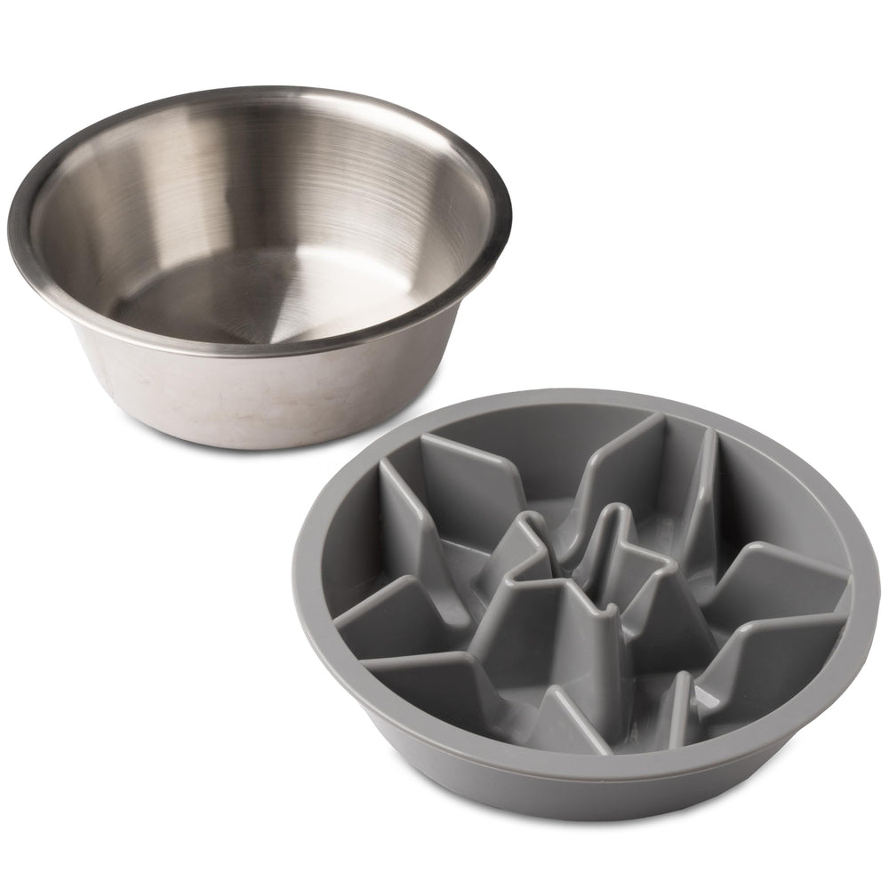 Leash Boss slow feeder dog bowls shown from the front as a two-bowl set.