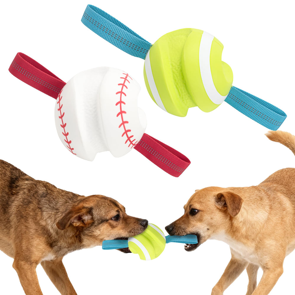 LECHONG dog balls with straps shown from the front, featuring the tennis and baseball designs.