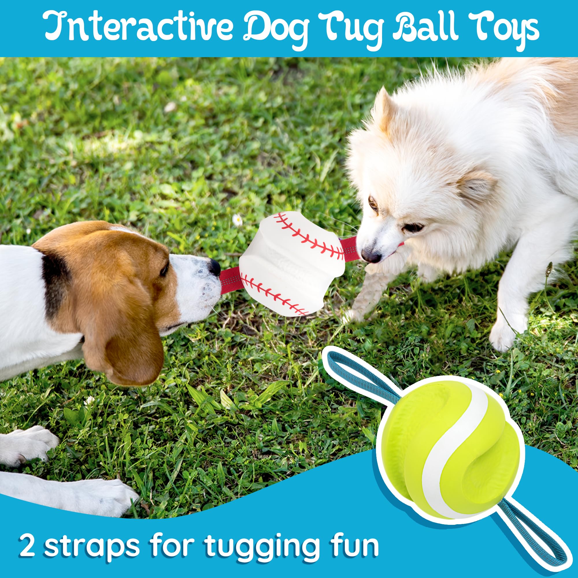 LECHONG dog balls with nylon straps shown close up for tugging.