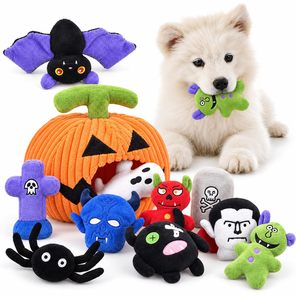 LECHONG Halloween dog toy set showing the assorted toys together.