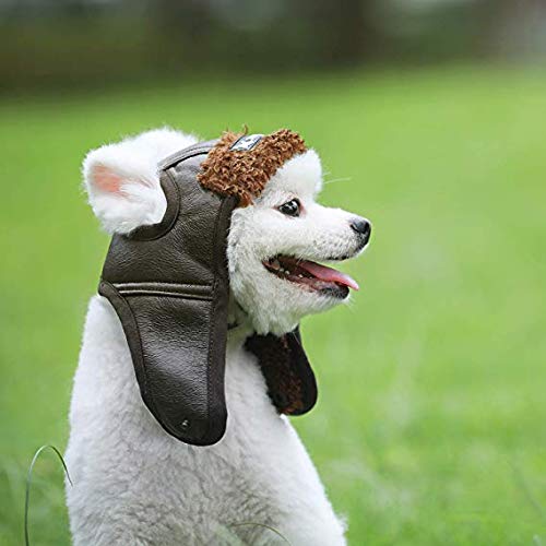 Leconpet Dog Aviator Hat close-up showing its PU leather and teddy cashmere materials.