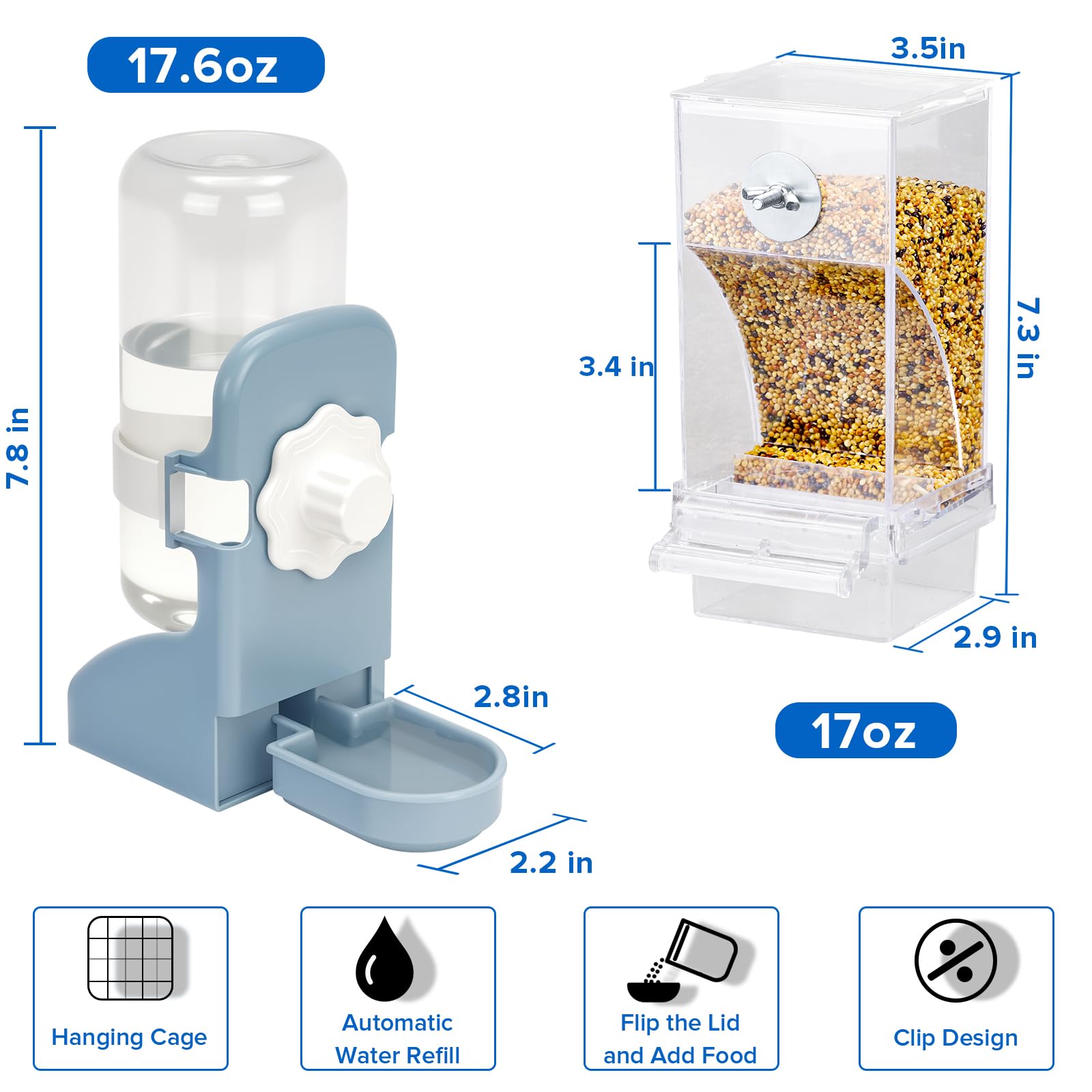Lemtrflo bird feeder and water dispenser mounted on a bird cage.